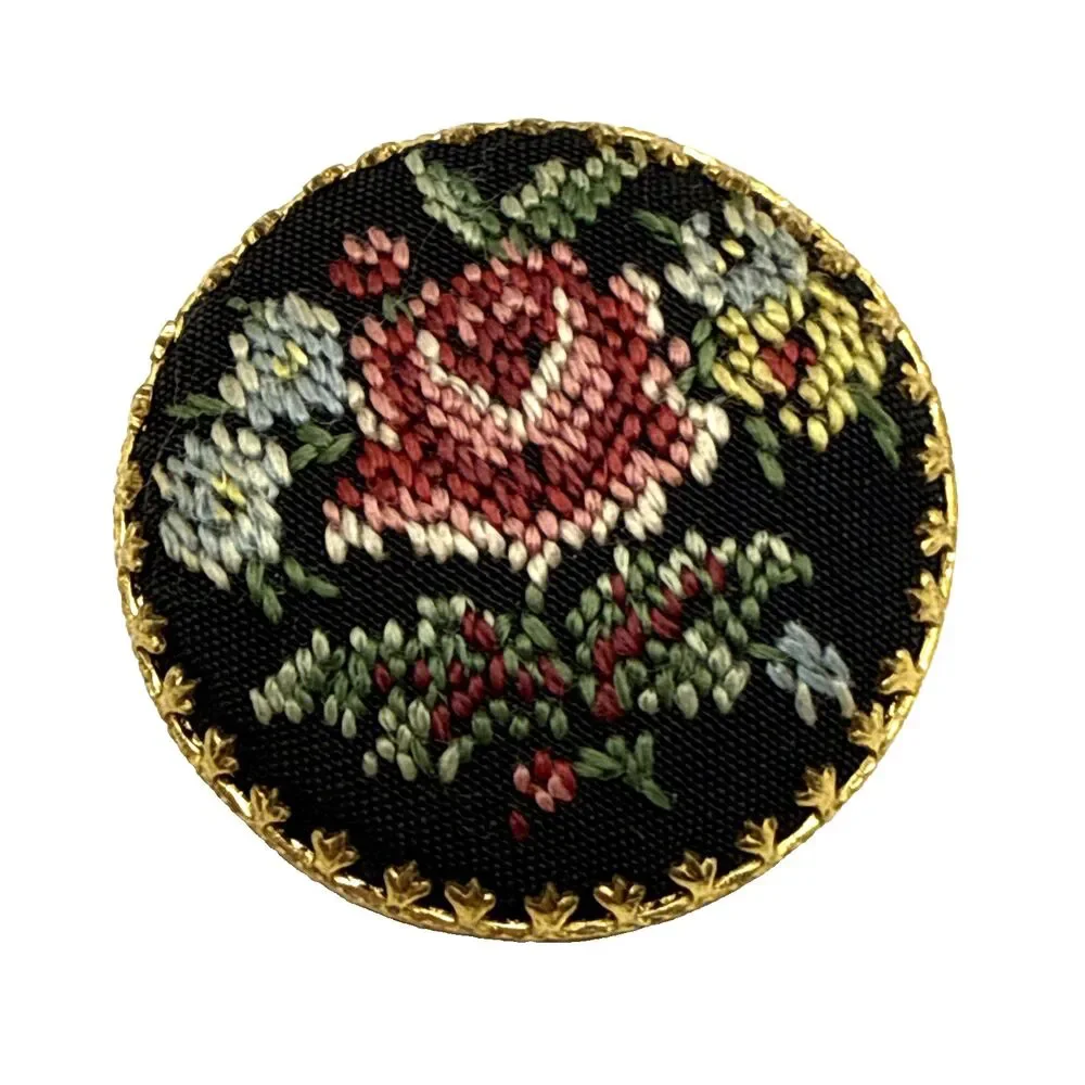 Vintage NeedlePoint Rose Brooch Gold Tone Hand Crafted Floral Pin 1 3/8
